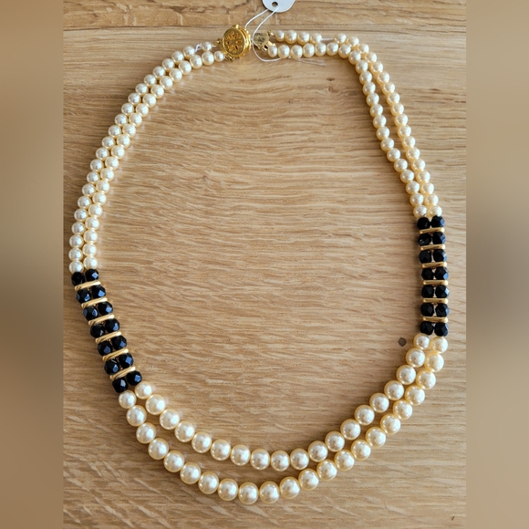 Double Strand Pearl Necklace – Black & Gold Accents – Elegant Statement Piece - Picture 4 of 6
